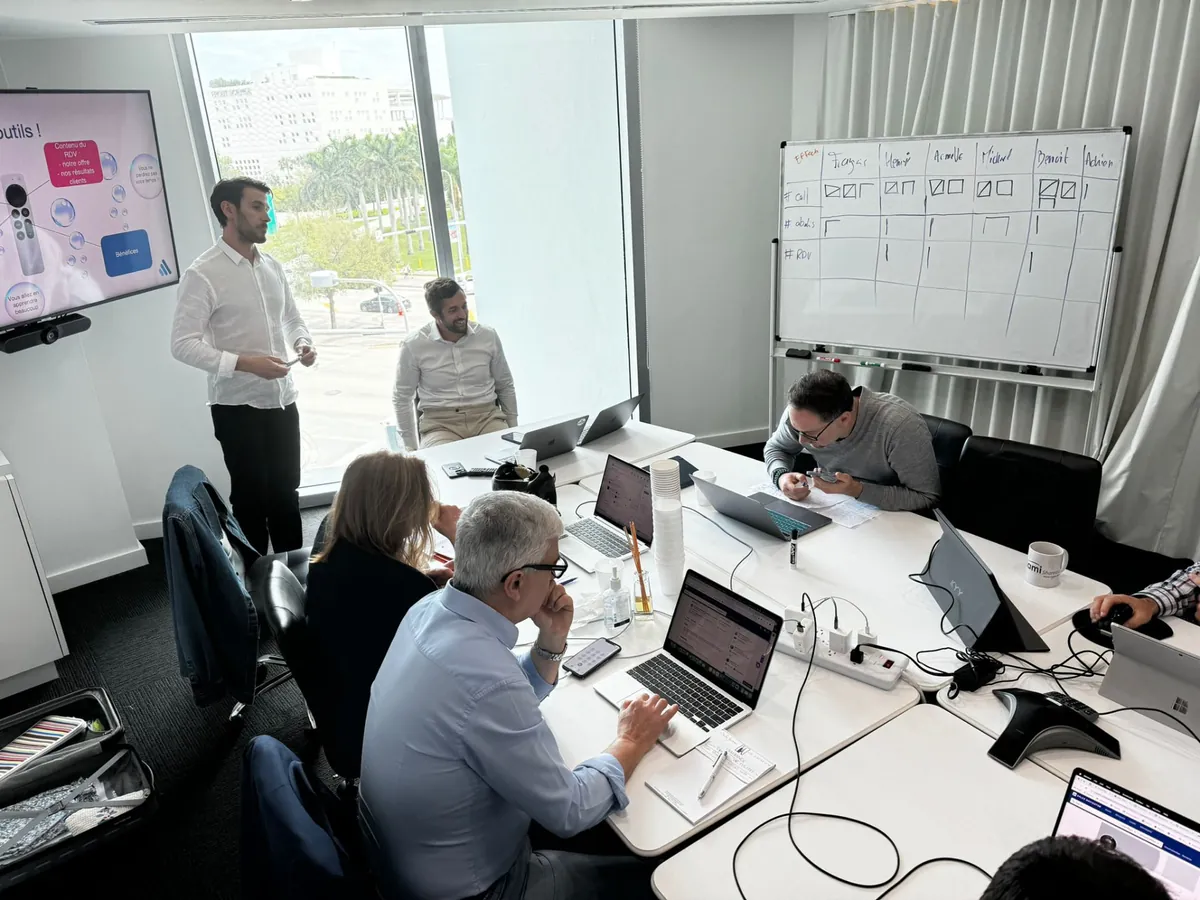 Session de bootcamp cold calling GROW avec une équipe commerciale et un tableau de suivi