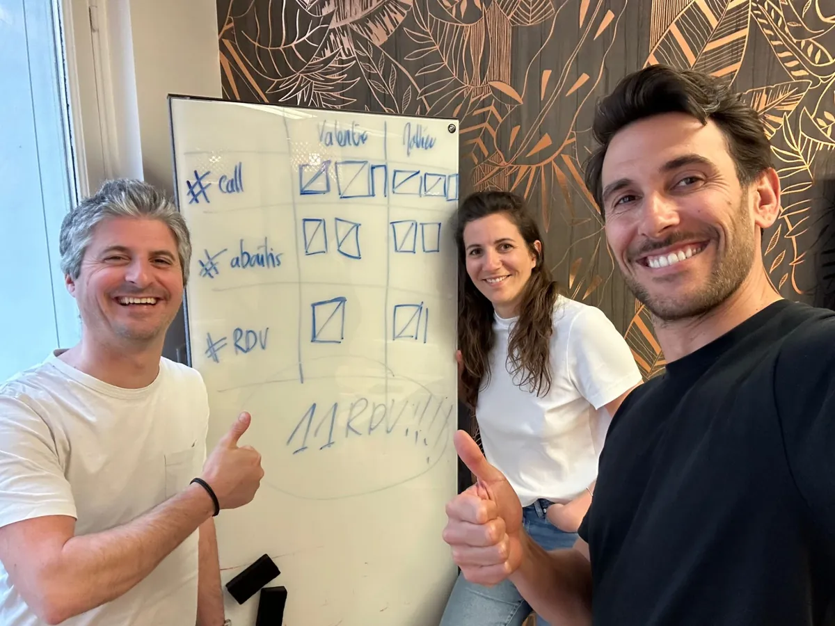 Équipe commerciale devant un tableau de suivi affichant 11 rendez-vous pris pendant une session de Bootcamp Cold Calling GROW